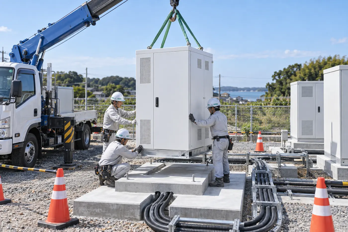 低圧系統用蓄電池設備を基礎へ据え付ける工事のイメージ