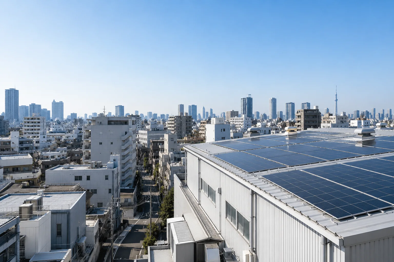 太陽光設備を備えた都市部の倉庫のAI生成イメージ