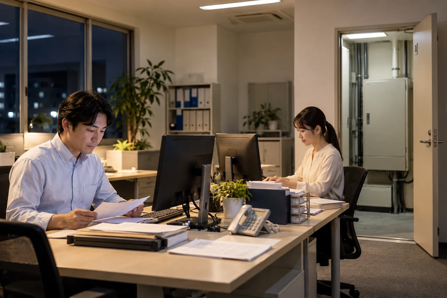 夜間に業務を行う事務所と予備電源のイメージ（AI生成）