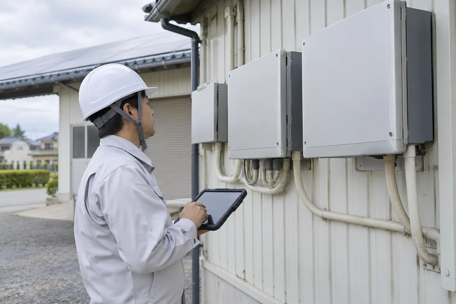 既設の太陽光用電力変換設備を確認するイメージ（AI生成）