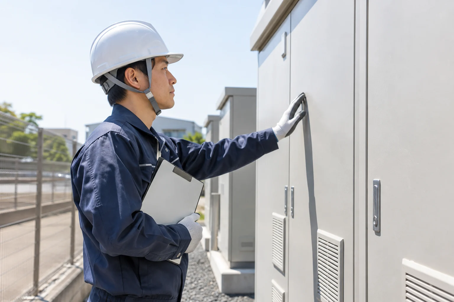 閉じた電気設備を点検する技術者のイメージ（AI生成）
