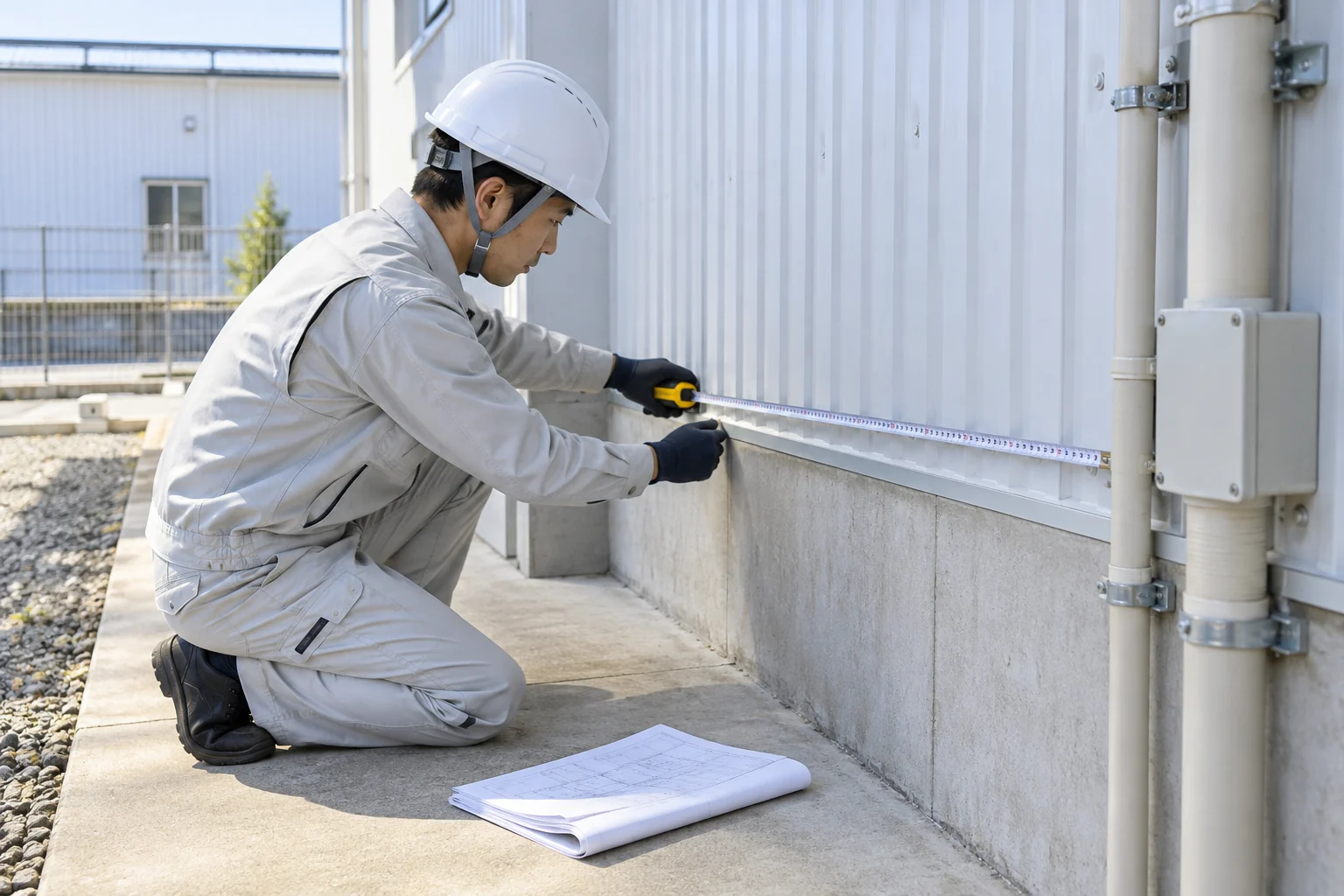 設備設置スペースを測る現地調査のイメージ（AI生成）