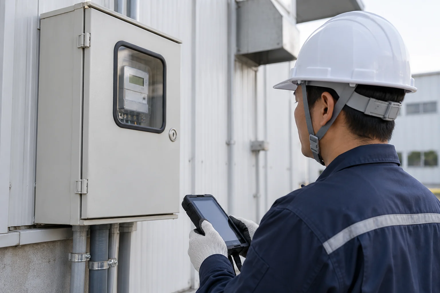 閉じた電力計測設備を外側から確認するイメージ（AI生成）