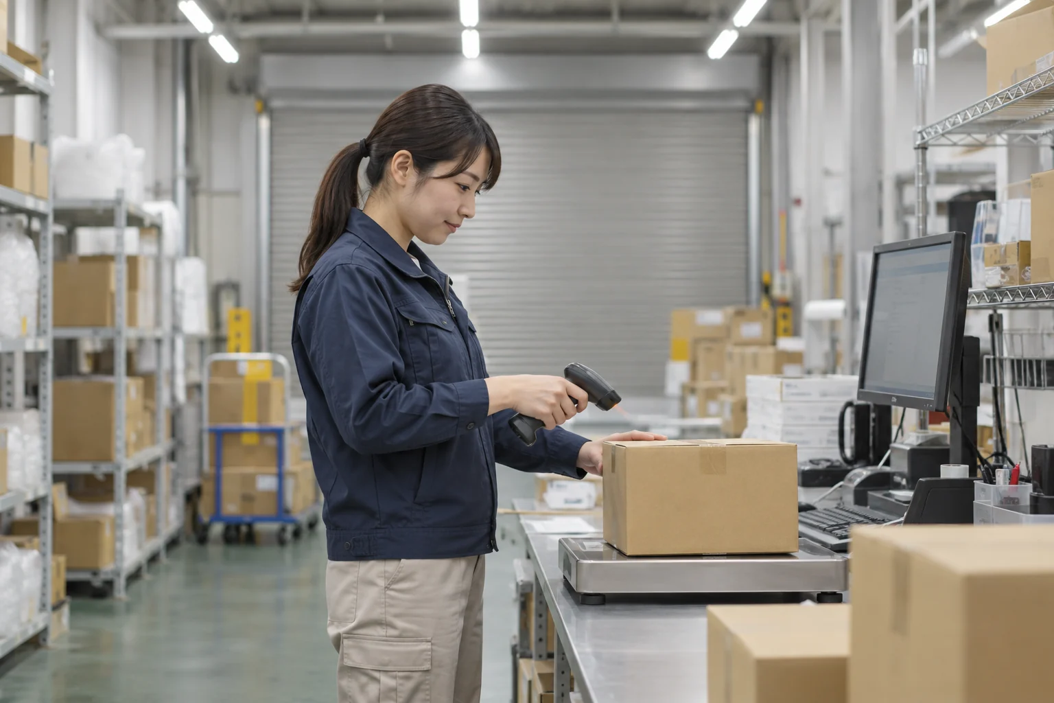 倉庫の出荷作業と管理端末のイメージ（AI生成）