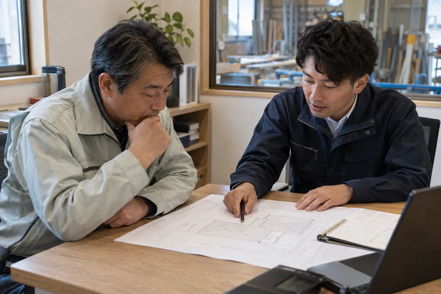 工事前の設備計画と日程相談のイメージ（AI生成）