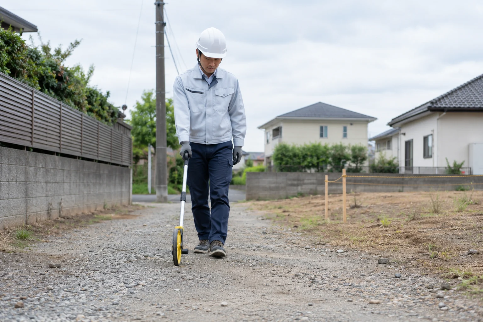 候補地の進入路を測る現地調査のイメージ（AI生成）
